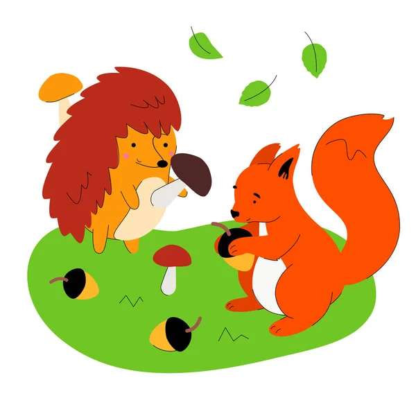 Egel en eekhoorn-vlakke ontwerp stijl illustratie — Stockvector