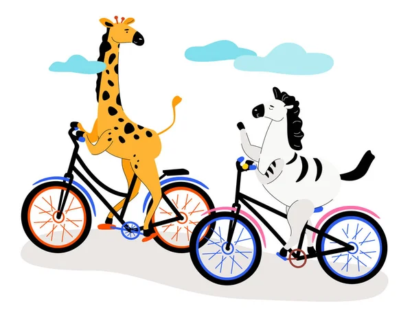 Bicicleta de zebra e girafa - ilustração de estilo de design plano moderno — Vetor de Stock