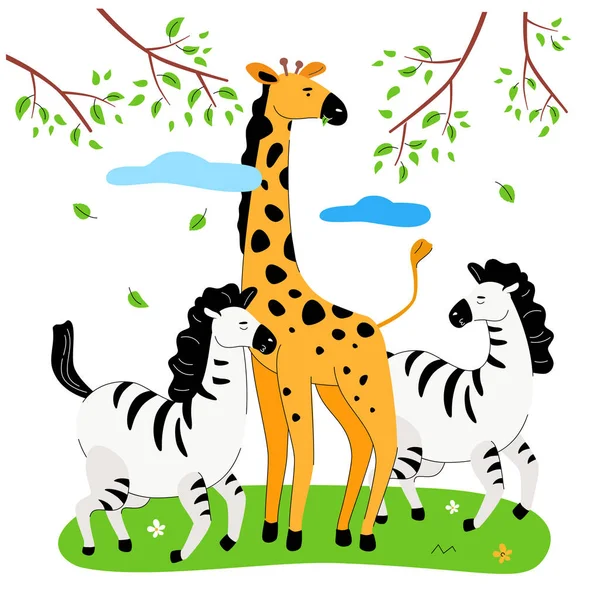 Zebras e girafa - ilustração de estilo de design plano —  Vetores de Stock