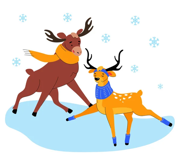 Schattige elanden en herten op ijs-vlakke ontwerp stijl illustratie — Stockvector