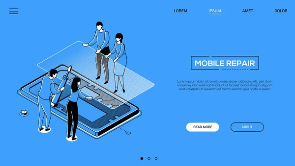 Reparación móvil - diseño de línea estilo de banner web isométrico — Archivo Imágenes Vectoriales