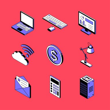 Ofis ve teknoloji - vektör isometrik simgeler seti