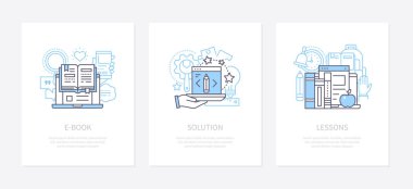 E-kitap, e-öğrenme kavramı simgeleri seti için online öğretici