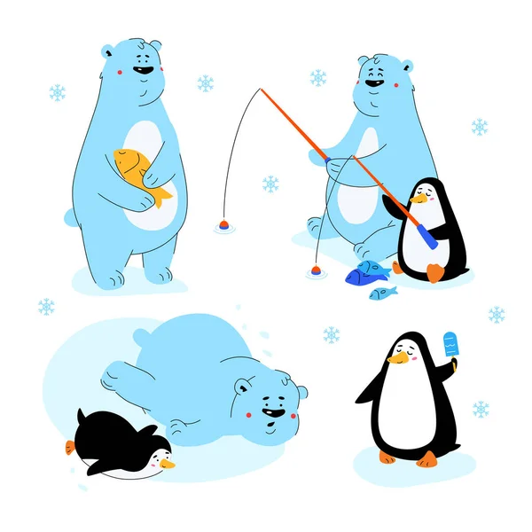 Niedźwiedź polarny i pingwin - płaski design znaków — Wektor stockowy