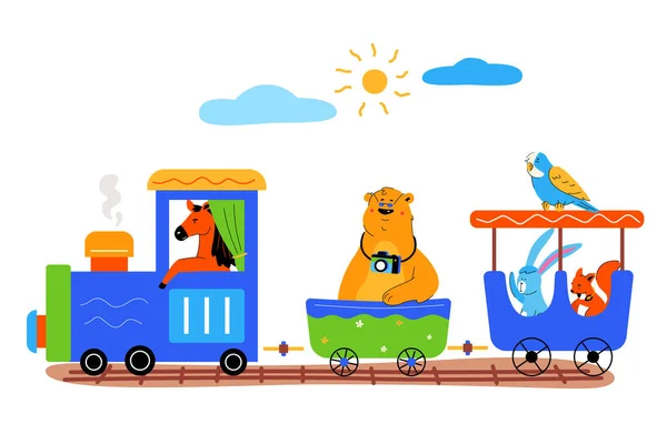 Childish train with cute animals flat vector illustration — Stock Vector