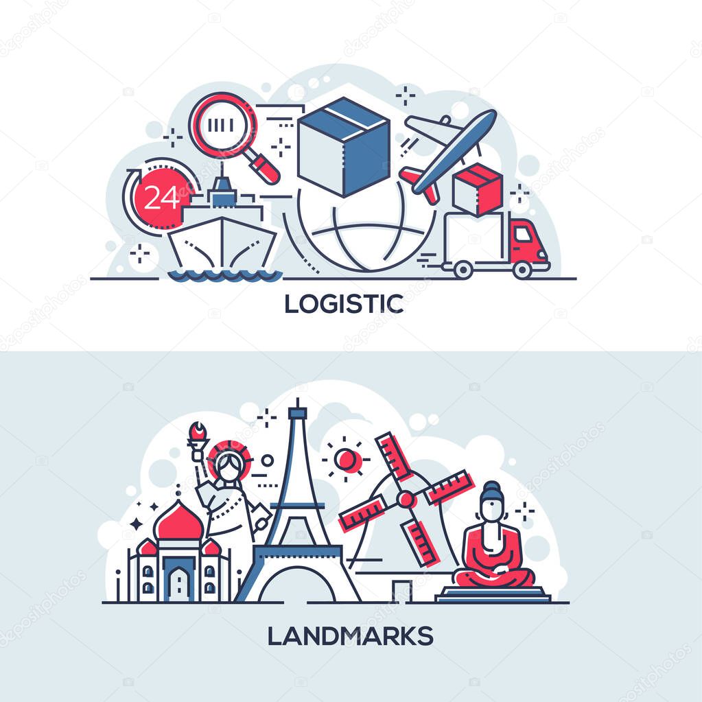 Logistics and world famous landmarks banner template
