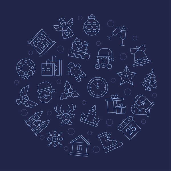 Новогодние символы в форме круга линейная векторная иллюстрация
