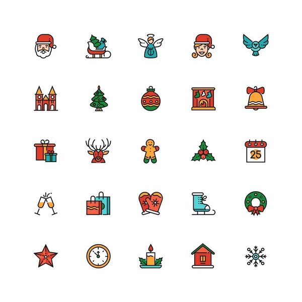 December holiday symbols colorful linear icons set — Stock Vector