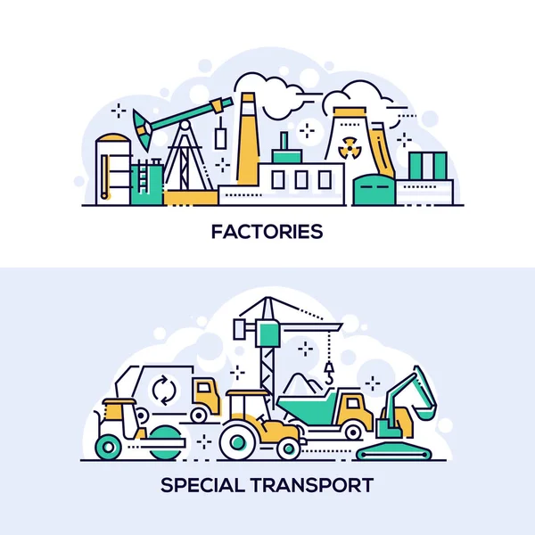 Plantilla de banner lineal de fábricas y transporte especial — Vector de stock