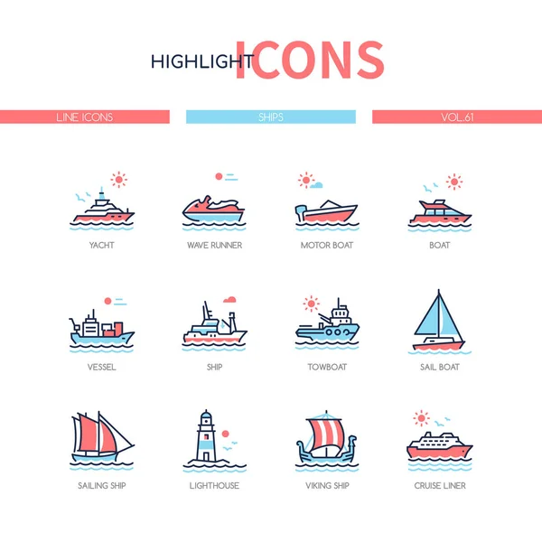 Különböző hajók - vonaltervezés stílus ikonok készlet — Stock Vector