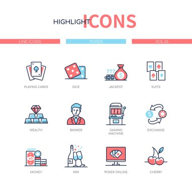 Poker ve kumar - çizgi tasarım simgeleri ayarlandı
