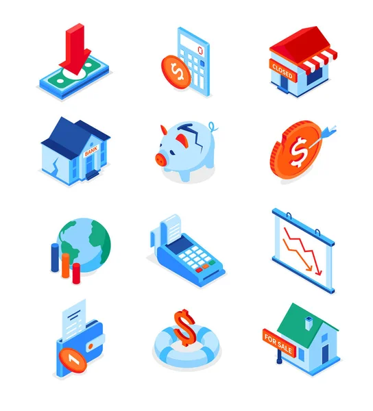 Economic crisis - modern colorful isometric icons set — Stock Vector