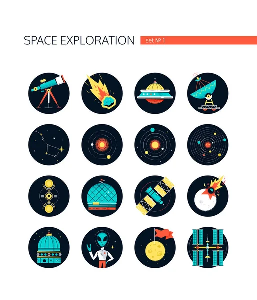 Exploration spatiale - icônes colorées de style design plat — Image vectorielle