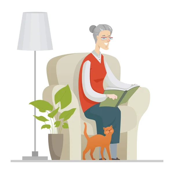 Senior γυναίκα ανάγνωση - επίπεδη σχεδίαση εικονογράφηση στυλ — Διανυσματικό Αρχείο