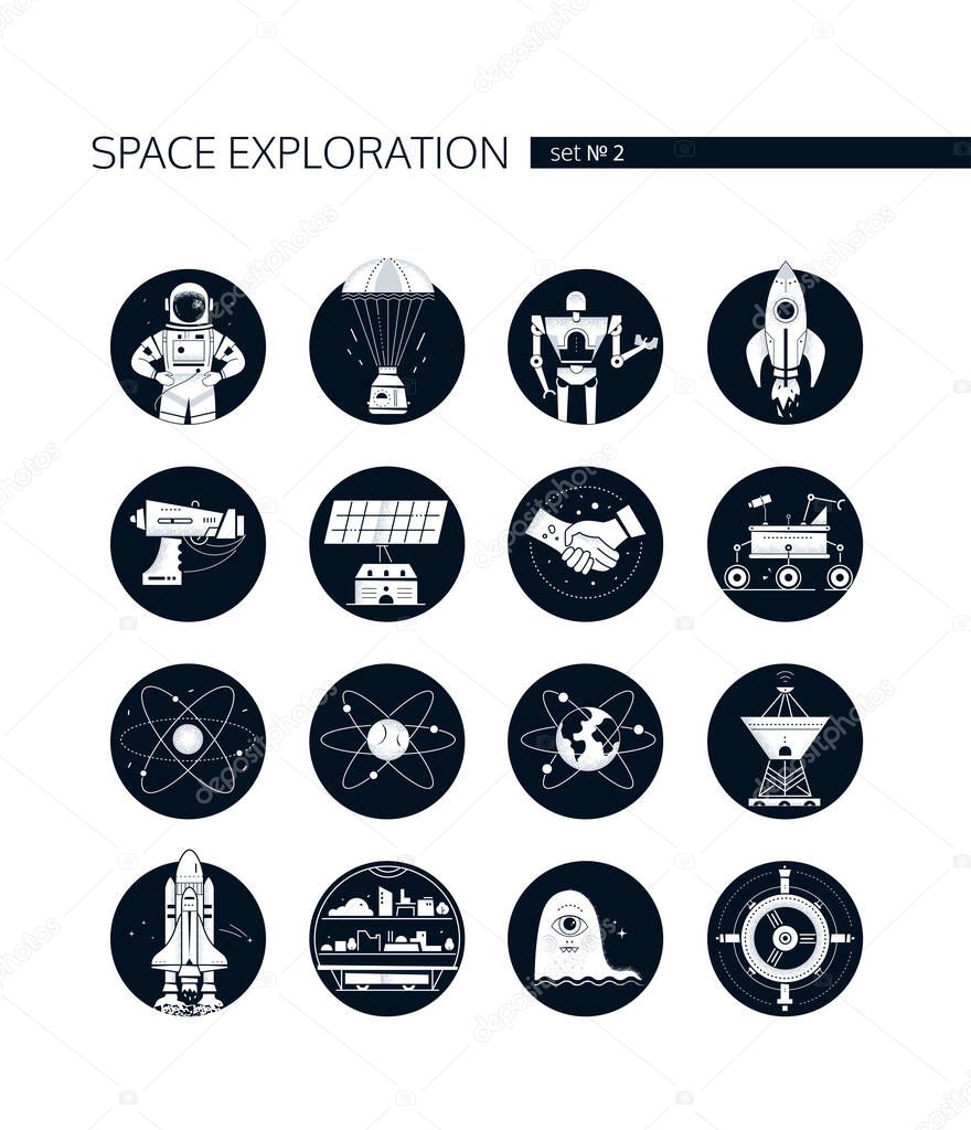 Исследование космоса - современный векторный набор икон в круглых ...
