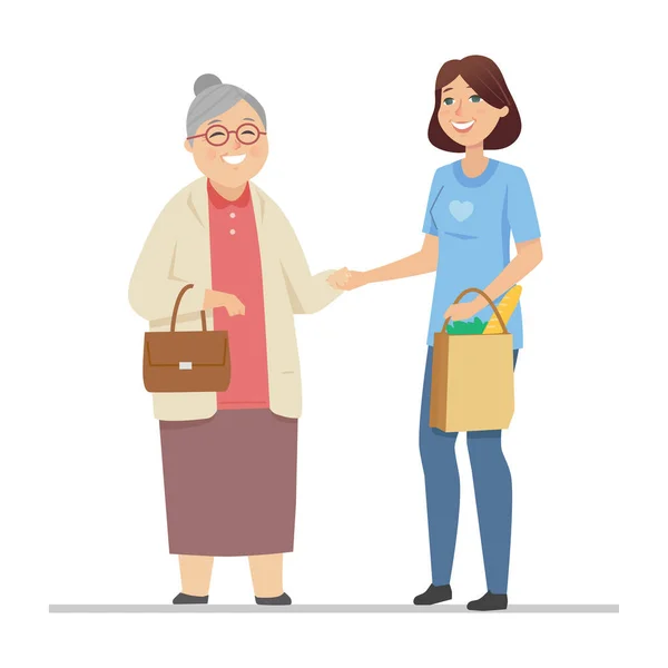 Voluntário ajudando a mulher idosa - ilustração de estilo de design plano — Vetor de Stock