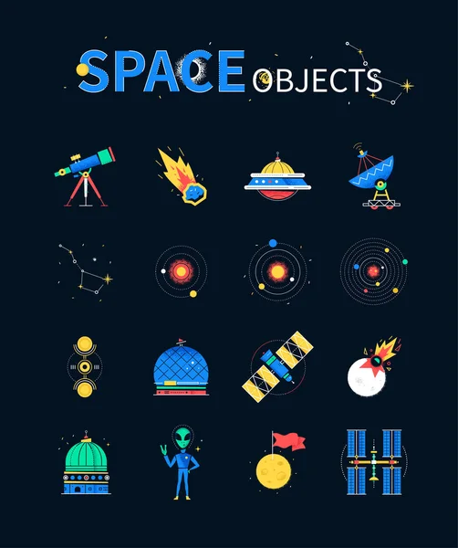 Objetos espaciais ícones de estilo de design plano colorido — Vetor de Stock