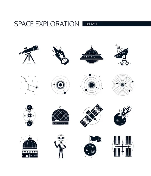 Exploration spatiale - ensemble vectoriel moderne d'icônes noires — Image vectorielle