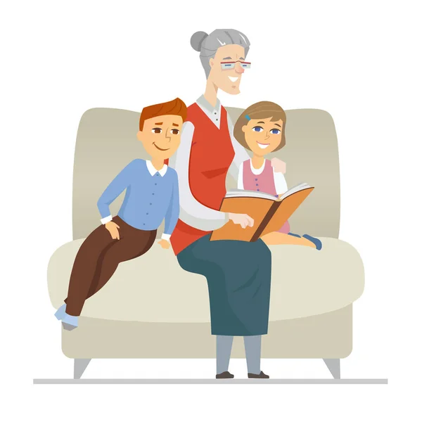 Babcia czytanie wnuków - płaski wzór styl ilustracji — Wektor stockowy