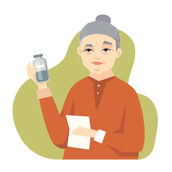 Senior Chinese woman taking medicine - flat design style illustration - Stok Vektor