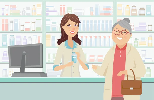 Старша жінка в аптеці - ілюстрація персонажів мультфільмів — стоковий вектор