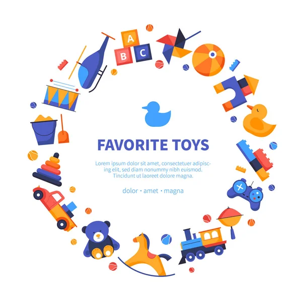 Brinquedos favoritos - banner de estilo de design plano vetorial —  Vetores de Stock