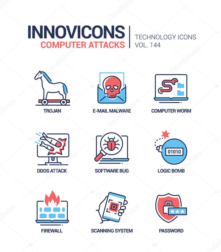 Computer attacks - colorful line design style icons