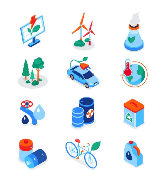 Eco estilo de vida moderno iconos isométricos coloridos conjunto — Vector de stock
