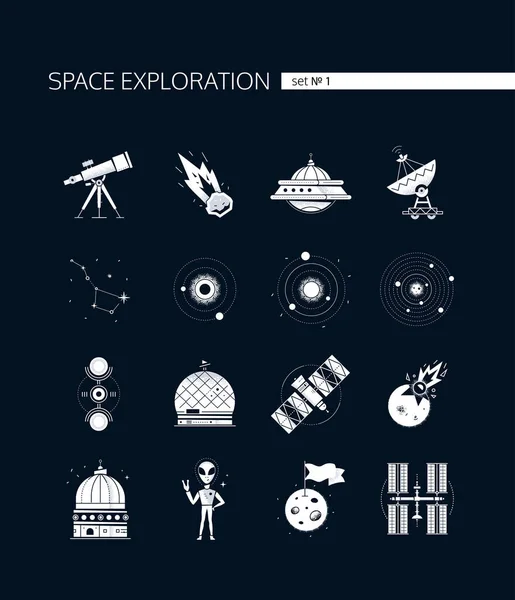 Exploração espacial - conjunto vetorial moderno de ícones brancos —  Vetores de Stock