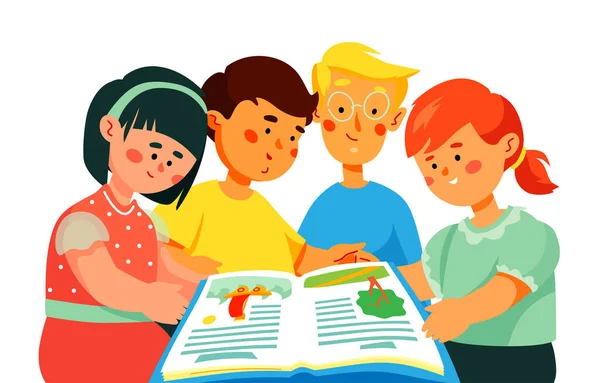 Dzieci czytające książkę - kolorowe płaski design styl ilustracji — Wektor stockowy