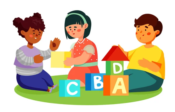 Niños jugando con bloques de juguetes - ilustración colorida de estilo de diseño plano — Vector de stock