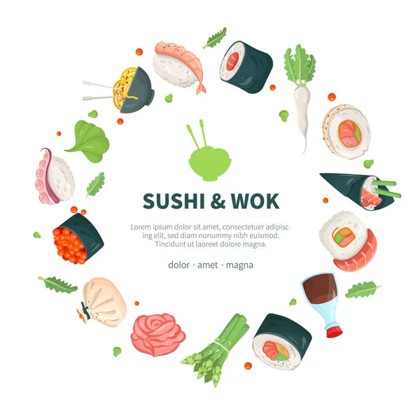 Sushi y wok - banner de estilo de diseño plano colorido — Archivo Imágenes Vectoriales