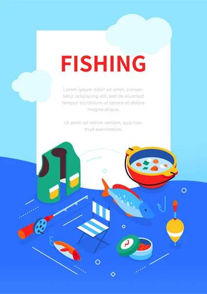 Риболовецьке приладдя - сучасний барвистий ізометричний веб-банер — стоковий вектор