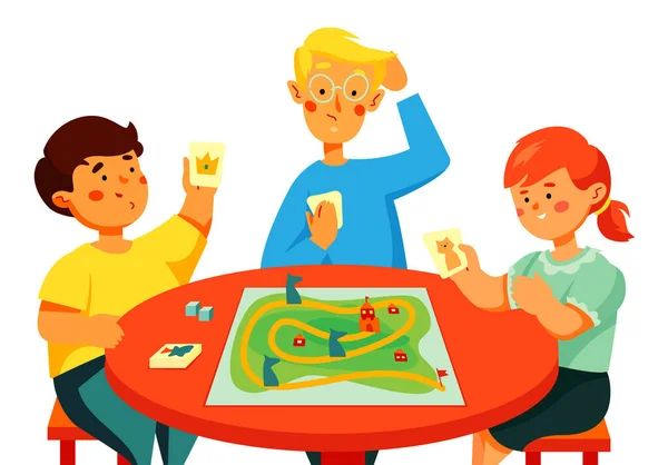 Los niños jugando un juego de mesa - ilustración de estilo de diseño plano colorido — Vector de stock