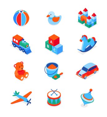 Çocuklar için oyuncaklar ve eğlence oyunları - modern izometrik simgeler seti