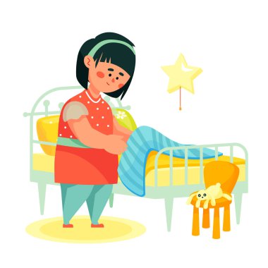 Yatağını yapan kız - renkli düz tasarım çizimi