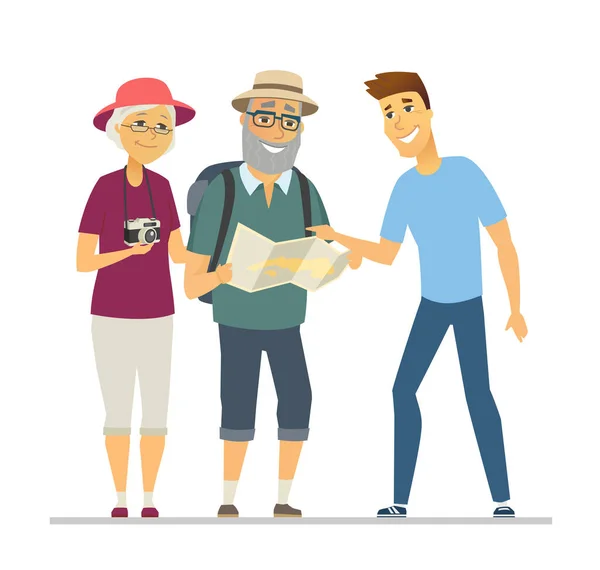 Bénévolat montrant le chemin aux touristes seniors illustration de style design plat — Image vectorielle
