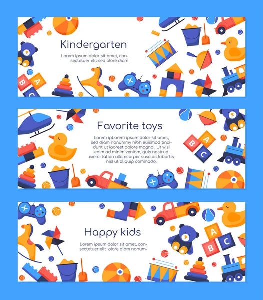 お気に入りのおもちゃ-フラットデザインスタイルのバナーのセット — ストックベクタ