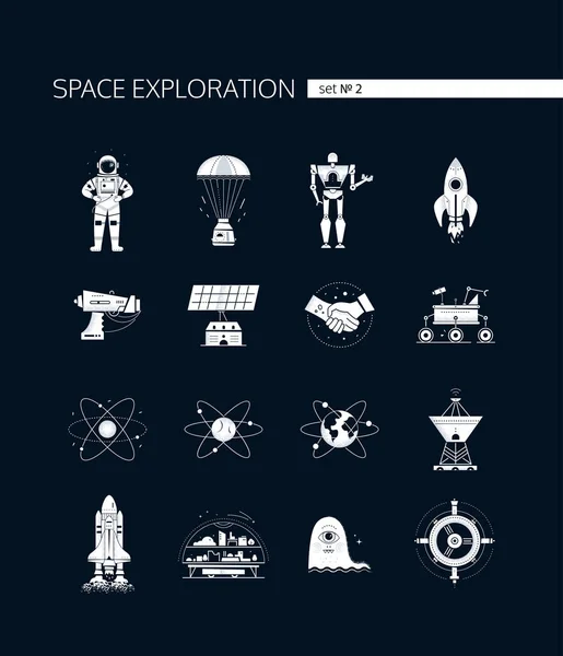 Exploración espacial - moderno conjunto vectorial de iconos blancos — Archivo Imágenes Vectoriales