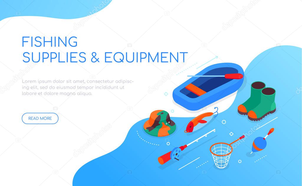 Fishing supplies and equipment - modern colorful isometric web banner