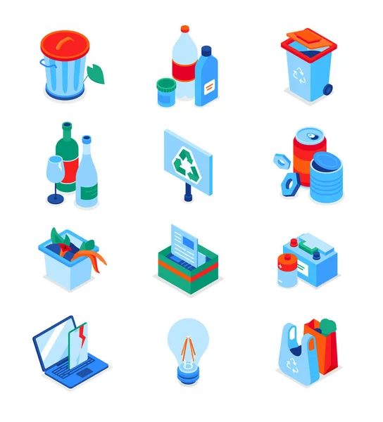 Tri des déchets - ensemble d'icônes isométriques colorées modernes — Image vectorielle