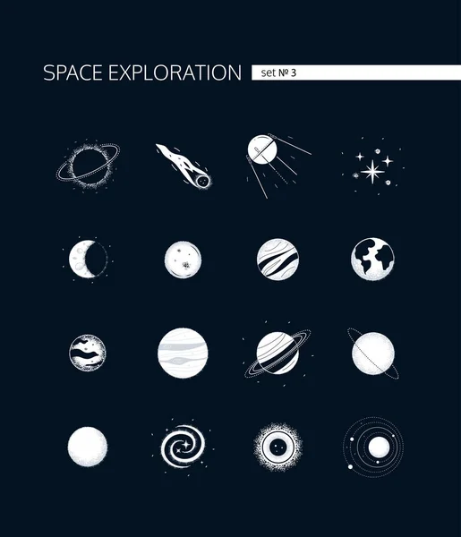 Exploration spatiale - ensemble vectoriel moderne d'icônes blanches — Image vectorielle