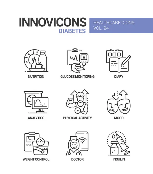 Diabetes - conjunto de iconos de diseño de línea vectorial — Vector de stock