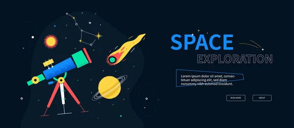 Exploración espacial - diseño plano colorido banner web de estilo — Vector de stock