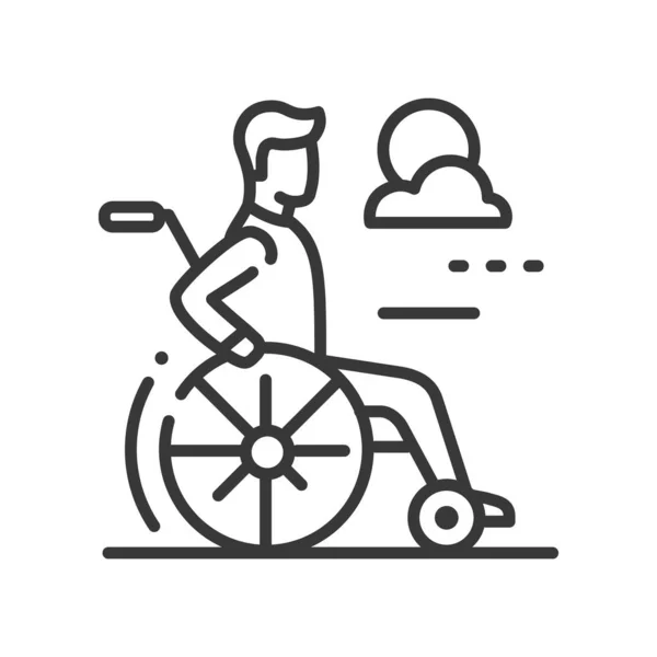 Persona en una silla de ruedas - diseño de línea vectorial único icono aislado — Vector de stock