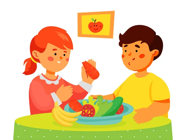 Barn som äter frukt och grönsaker - färgglada platt design stil illustration — Stock vektor