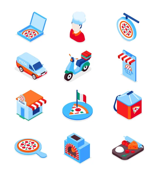 Pizza levering - moderne kleurrijke isometrische pictogrammen set — Stockvector