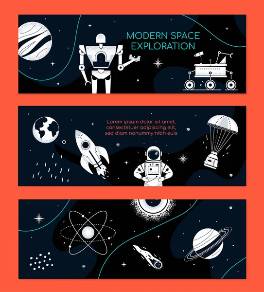 Exploração espacial moderna - conjunto de bandeiras modernas — Vetor de Stock