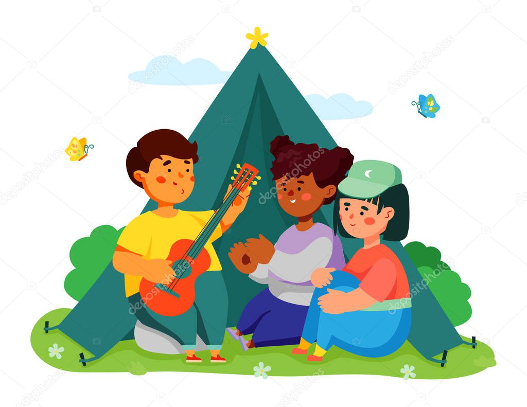 Children camping - colorful flat design style illustration