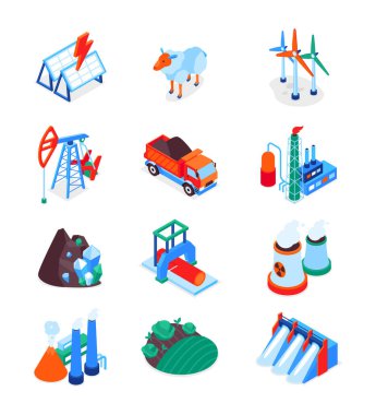 Endüstri ve çevre - modern renkli izometrik simgeler belirlendi